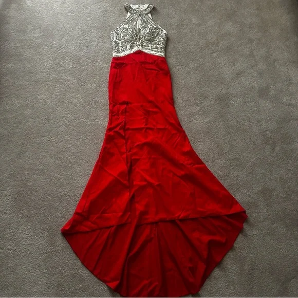Champagne Silver and Red Embellished High Slit Halter Train Dress - Picture 6 of 7